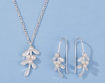 Sterling Silver Pearl Mistletoe Earrings and Necklace Set