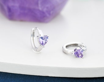 Amethyst Purple CZ Heart Huggie Hoop in Sterling Silver, Silver or Gold,  8mm Inner Diameter, Stacking Earrings