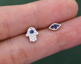Mismatched Hamsa Hand and Evil Eye CZ Stud Earrings in Sterling Silver, Silver or Gold, Asymmetric Hand and Eye Earrings