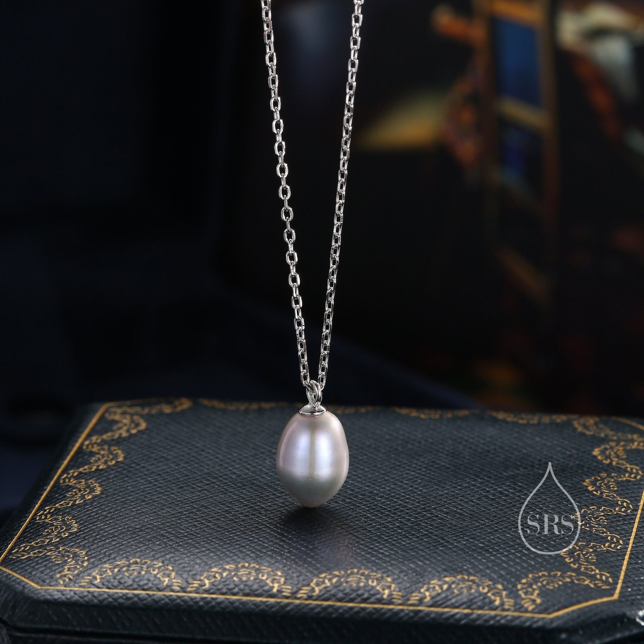 Natural Metallic Grey Pearl Necklace in Sterling Silver, Genuine