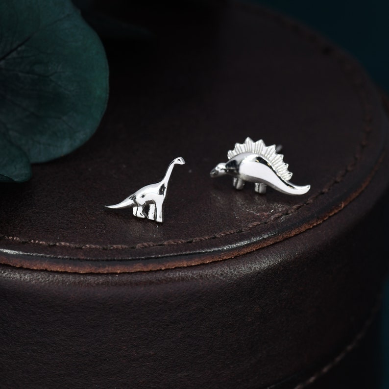 Mismatched Dinosaur Stud Earrings in Sterling Silver, Silver, Gold or Rose Gold, Asymmetric Stegosaurus and Brachiosaurus Dino Earrings image 6