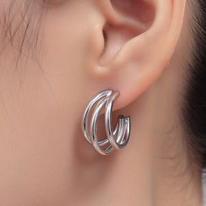 Chunky Triple Hoop Earrings in Sterling Silver, Silver or Gold Finish, Large Hoop Earrings, Chunky but Light Weight