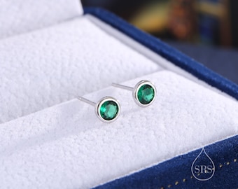 Emerald Green CZ Bezel Stud Earrings in Sterling Silver, Available in 3mm, 4mm, 5mm, Brilliant Cut CZ Earrings, Minimal CZ Stud