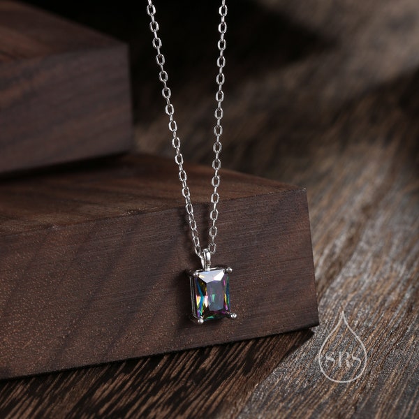 Emerald Cut Mystic Black CZ hanger ketting in sterling zilver, rechthoekig geslepen kristallen oorbellen, Mystic Topaas