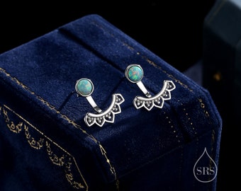 Aqua Green Opal Lotus Ear Jacket in Sterling Silver, Lab Opal Lotus Jacket Earrings in Sterling Silver, Silver or Gold, Front and Back