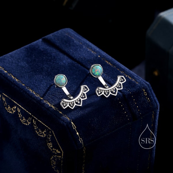 Aqua Green Opal Lotus Ear Jacket in Sterling Silver, Lab Opal Lotus Jacket Earrings in Sterling Silver, Silver or Gold, Front and Back