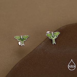 Lunar Moth Enamel Flat Back / Screw Back/ Stud Earrings in Sterling Silver, Green Enamel Butterfly Earrings, Nature-Inspired Animal Earring