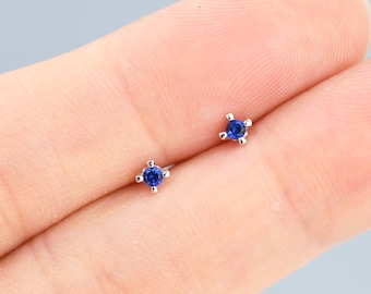 Extra Tiny 2mm Sapphire Blue CZ Stud Earrings in Sterling Silver, Barely Visible Stud Earrings, 2mm Blue Earrings, Tiny Crystal Earrings