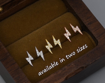 CZ Lightning Bolt Stud Earrings in Sterling Silver, Available in 2 Sizes, Tiny Lightning Bolt Earrings, Silver, Gold and Rose Gold
