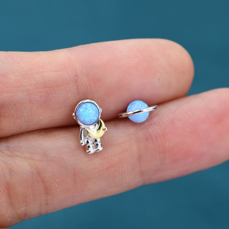 Mismatched Astronaut and Planet Stud Earrings in Sterling Silver, Asymmetric Planet and Spaceman Earrings with Blue Opal, Cute and Fun image 6