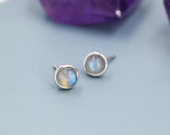 Genuine Labradorite Earrings in Sterling Silver, 4mm or 5mm, Cabochon Bezel Stud Earrings
