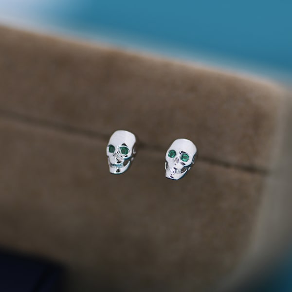 Extra Tiny Skull Stud Earrings in Sterling Silver with Emerald Green CZ