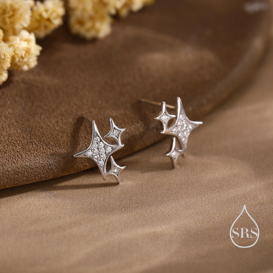 きらきら星　PR（銀箔仕様）4枚 Sparkly Stars CZ Stud Earrings in Sterling Silver, Four
