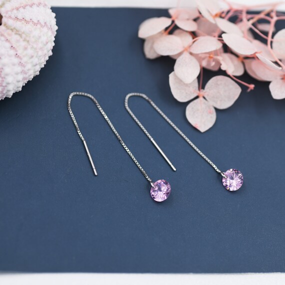 Alexandrite Pink CZ Dot Threader Earrings in Sterling Silver