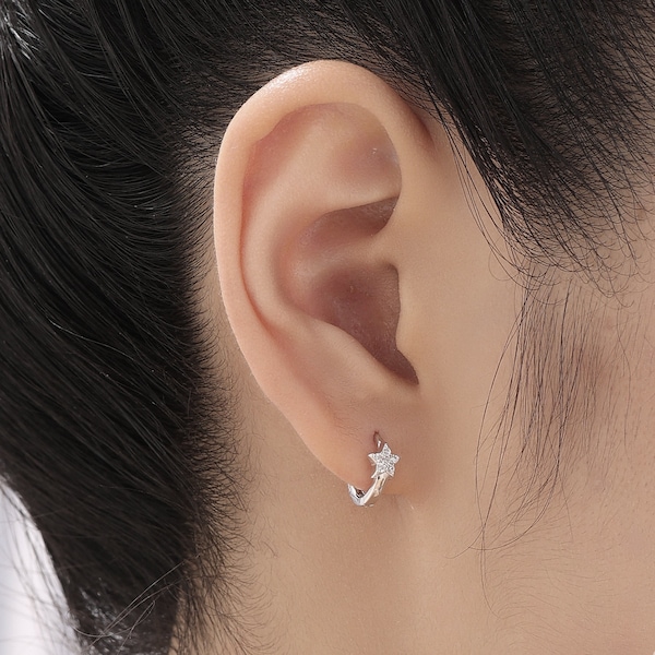 Tiny CZ Star Huggie Hoop Earrings in Sterling Silver, Silver, Gold or Rose Gold, North Star Earrings, Sunburst Earrings