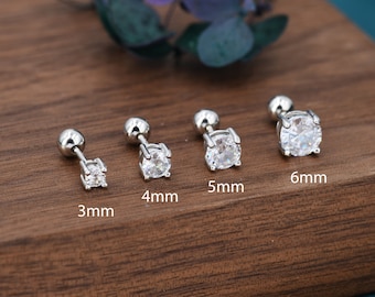 Boucles d'oreilles vissées en cristal de ZC en argent sterling, disponible en 3 mm 4 mm 5 mm 6 mm, Boucles d'oreilles en ZC taille brillant, Quatre griffes, argent ou or