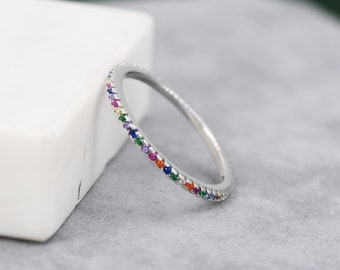 Skinny Rainbow Crystal Pave Ring in Sterling Silver, Gold Vermeil Crystal Pave Ring, Stacking Rings, Eternity Ring, US 5 - 8