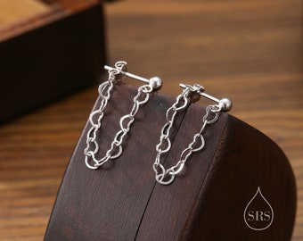 Heart Chain Stud Earrings in Sterling Silver, Silver or Gold, Tiny Ear Jacket, Dainty Jewellery