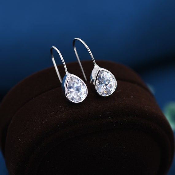Sterling Silver CZ Droplet Drop Earrings in Sterling Silver, Silver or Gold,  Chunky Pear Shape Hook Earrings 
