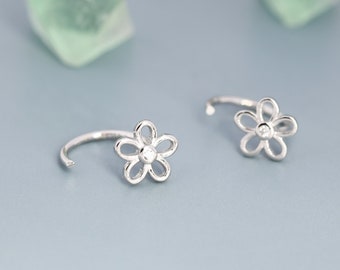 Forget me not Flower Huggie Hoop Earrings in Sterling Silver, Curved Post Earrings, Open Hoops,  Pull-Through Threader Earrings,