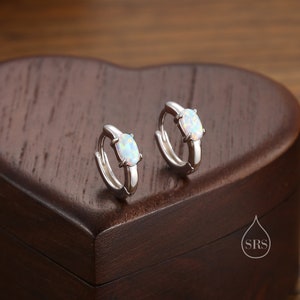 Oval White Opal Huggie Hoop Earrings in Sterling Silver, Silver or Gold, Opal Lever Hoops, Opal Hoops, Simulated Opal Hoops