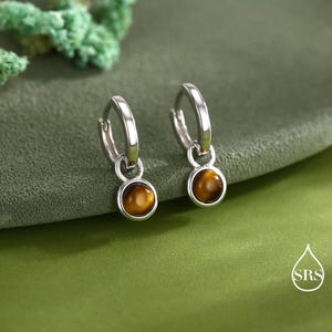 Sterling Silver Dangling Tiger's Eye Hoop Earrings, Detachable Tiger's Eye Coin Dangle Hoop Earrings, Interchangeable