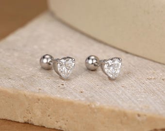 Sterling Silver Heart Moissanite 18G Screw Back Earrings