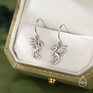 Puede incluir: Un par de pendientes de plata con forma de dragón con un diseño detallado. Los pendientes cuelgan de un gancho de plata.