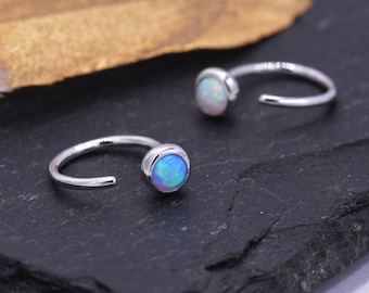 Minimalist Opal Huggie Hoop Threader Earrings in Sterling Silver, Gold or Silver, Pull Through Open Hoop Earrings, Fire Opal and Blue Opal