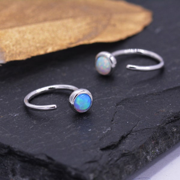 Minimalist Opal Huggie Hoop Threader Earrings in Sterling Silver, Gold or Silver, Pull Through Open Hoop Earrings, Fire Opal and Blue Opal