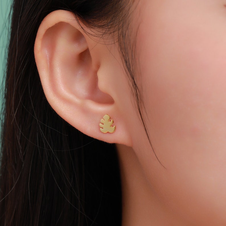 Monstera Earrings in Sterling Silver, Silver, Gold and Rose Gold, Monstera Leaf Stud Earrings, Leaf Earrings, Plant Earrings, Nature image 2