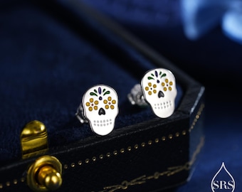 Enamel Sugar Skull Stud Earrings in Sterling Silver,  Silver, Gold or Rose Gold, Sugar Skull Earrings, Day of the Dead Earrings, Halloween