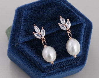 Trio Marquise CZ avec boucles d’oreilles en perles baroques pendantes en argent sterling, boucles d’oreilles Keshi Pearl Drop, véritables perles d’eau douce, Pearl CZ