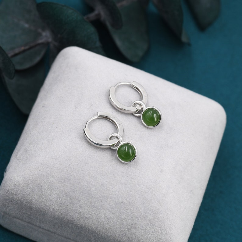 Sterling Silver Dangling Jade Hoop Earrings, Detachable Genuine Green Jade Coin Charm Dangle Hoop Earrings, Silver or Gold, Interchangeable zdjęcie 5