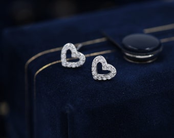 Tiny Open Heart Stud Earrings in Sterling Silver, Silver or Gold, CZ Heart Stud