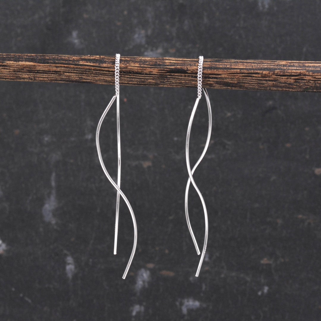 Sterling Silver Minimalist Wave Ear Wire Threader Earrings, Silver ...