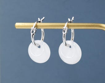 Genuine White Jade Donut Huggie Hoop Earrings in Sterling Silver, Detachable Natural White Jade Coin Charm Hoop Earrings, Silver or Gold