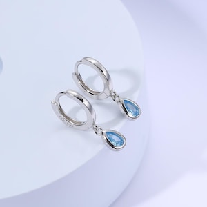 Tiny Aquamarine Blue Droplet CZ Huggie Hoop Earrings in Sterling Silver, Geometric Hoop Earrings