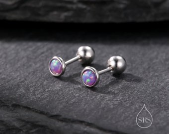 Tiny 3mm Purple Opal Screw Back Earrings in Sterling Silver, Small Opal Stud, Comsic Purple Opal Screw Back Earrings, Fire Opal