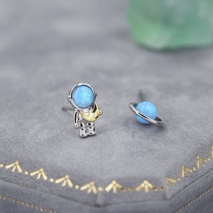 Mismatched Astronaut and Planet Stud Earrings in Sterling Silver, Asymmetric Planet and Spaceman Earrings with Blue Opal, Cute and Fun image 5