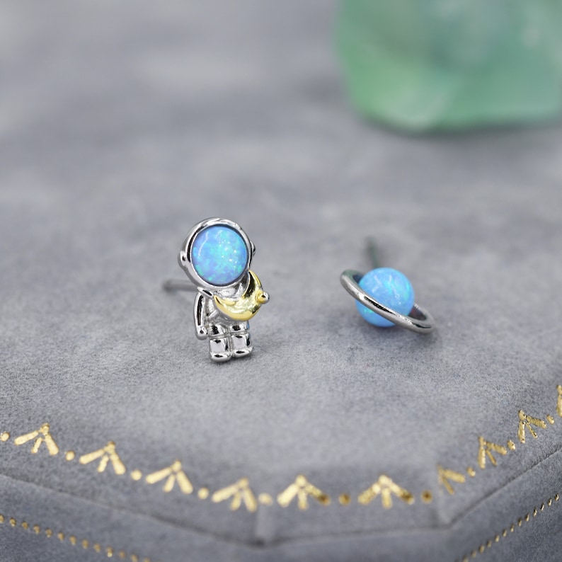 Mismatched Astronaut and Planet Stud Earrings in Sterling Silver, Asymmetric Planet and Spaceman Earrings with Blue Opal, Cute and Fun image 5