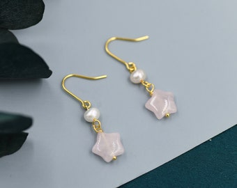 Genuine Rose Quartz Star and Pearl Drop Earrings in Sterling Silver, Natural Pink Quartz and Freshwater Pearl Drop Hook Earrings, Star