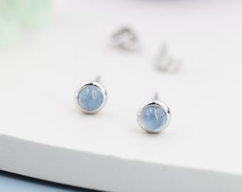 Sterling Silver Tiny Aquamarine Stud Earrings,  3mm Genuine Aquamarine Stone, Semi-precious Jewellery