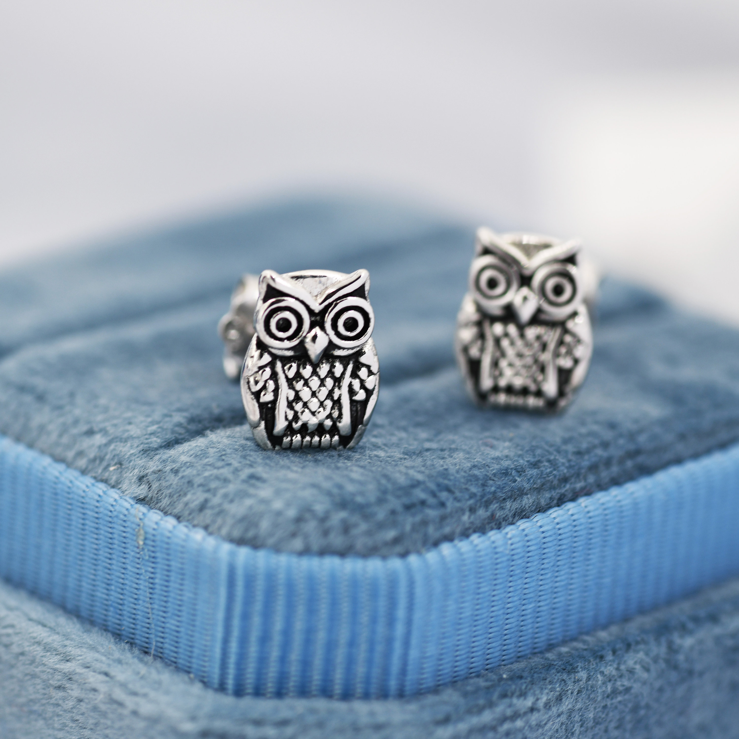 Owl Stud Earrings in Sterling Silver, Oxidised Silver Finish, Silver Animal Earrings, Nature Inspire