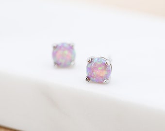 Cosmic Dust Minimalist Opal Stud Earrings in Sterling Silver, Simulated Opal, Blue Lilac Pink Hues