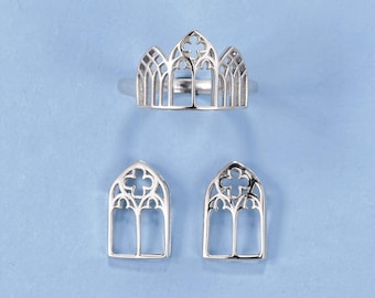 Sterling Silver Gothic Cathedral Window Earrings and Ring Set