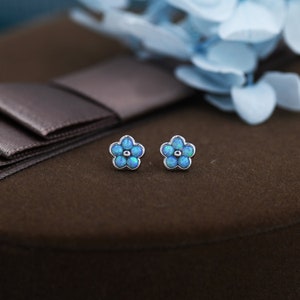 Blue Opal Flower Stud Earrings in Sterling Silver - Gold or Silver - Opal Forget-me-not - Opal Cluster - Petite Stud Earrings, Fire Opal