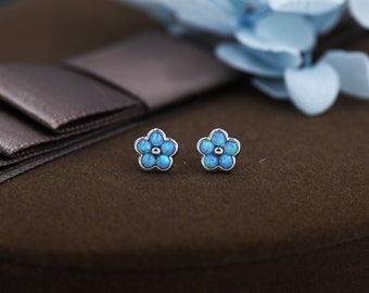 Blue Opal Flower Stud Earrings in Sterling Silver - Gold or Silver - Opal Forget-me-not - Opal Cluster - Petite Stud Earrings, Fire Opal