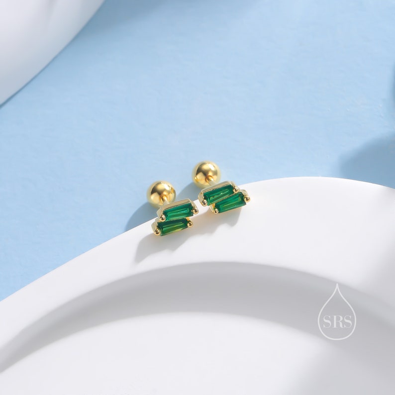 Double Trapezoid Emerald Green CZ Screw back Earrings in Sterling Silver, Silver or Gold, Art Deco CZ Cluster Screwback Earrings or Stud, image 8