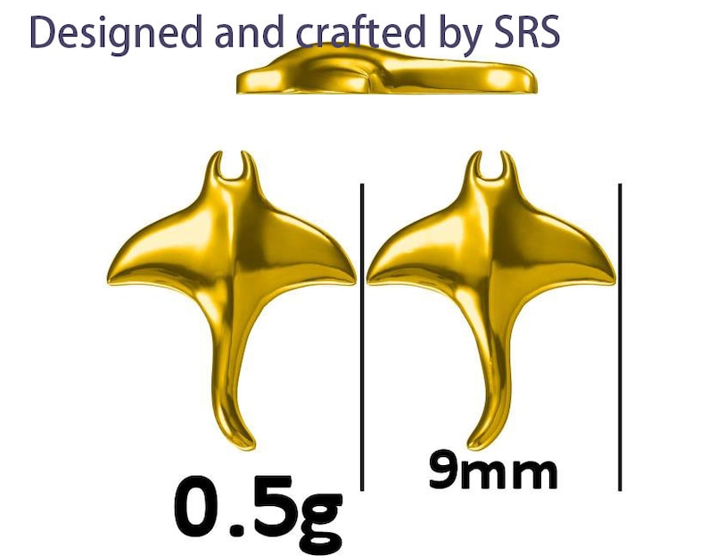 May include: A pair of gold-colored earrings shaped like manta rays. Each earring measures 9mm and weighs 0.5g.